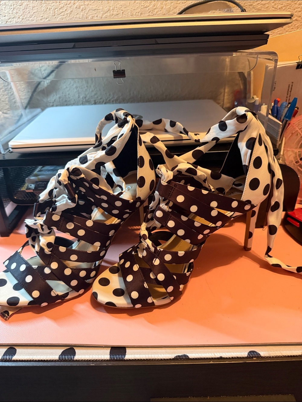 Gianni Bini Black & White Polka Dot Tie-Strap High Heel Sandals
